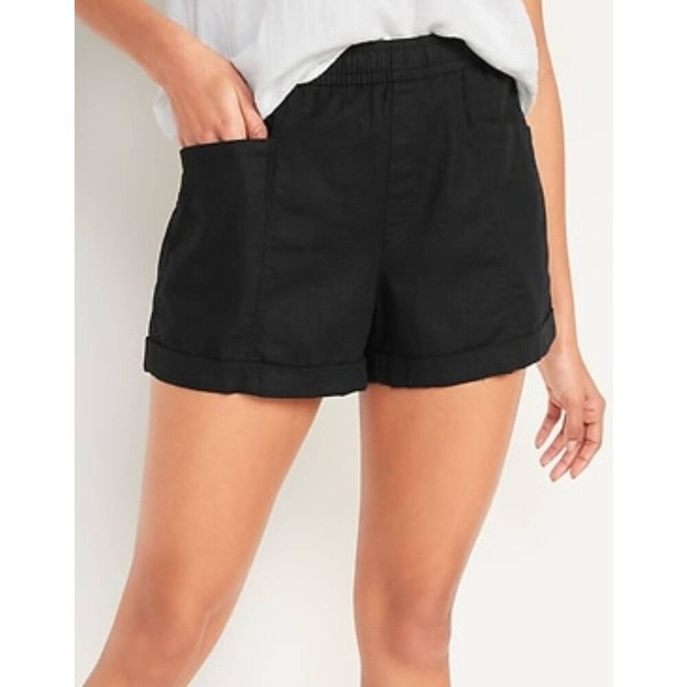 NWT Old Navy Shorts Medium Black High Rise Linen Blend Pull On Tie 3.5"